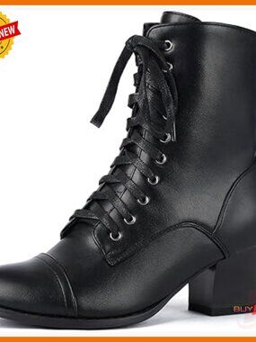 Victorian Ankle Boots Lace Up Side Zipper Chunky Heel Faux Leather Booties